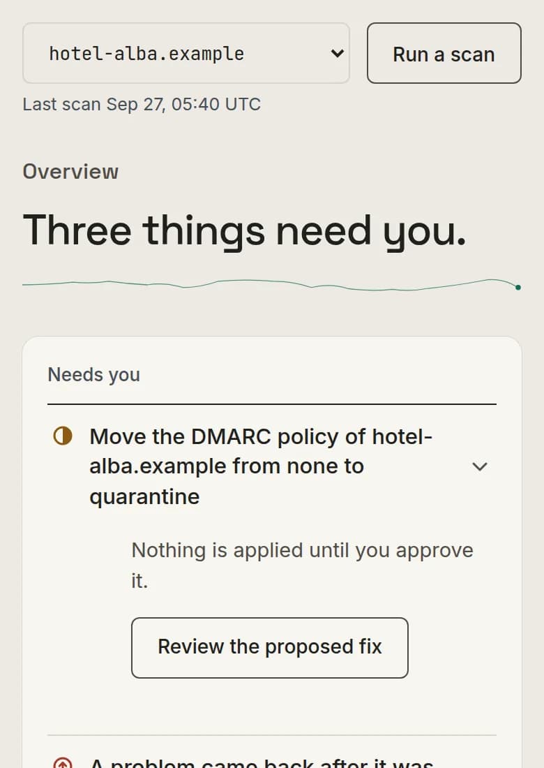 Mycelia dashboard overview for hotel-alba.example, an invented hotel: three things need you, and a signed check anyone can verify.